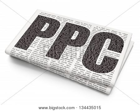 Advertising concept: Pixelated black text PPC on Newspaper background, 3D rendering