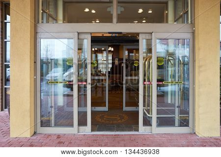 NEW YORK, USA - CIRCA MARCH, 2016: entryway of the Sheraton Hotel. Sheraton Hotels and Resorts is Starwood Hotels and Resorts Worldwide's largest and second oldest brand