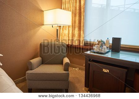 NEW YORK, USA - CIRCA MARCH, 2016: inside of the Sheraton Hotel. Sheraton Hotels and Resorts is Starwood Hotels and Resorts Worldwide's largest and second oldest brand
