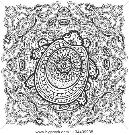 Greeting Beautiful card with turtle. Frame of animal made in vector. Etno Style. Turtle Illustration for design, pattern, textiles. Hand drawn map with turtle. Coloring book pages