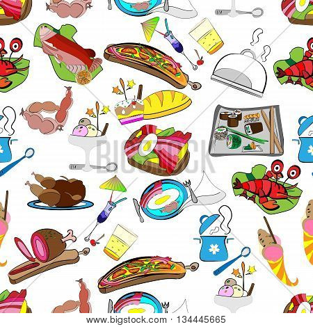 hand-drawn vector seamless pattern of a set of restaurant food grocery wrapper