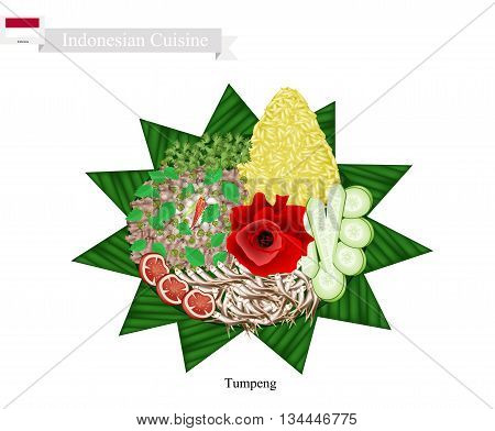 Indonesian Cuisine Tumpeng or Traditional Cone Shaped Curry Rice with Anchovies Fish and Vegetables One of The Most Popular Food of Indonesian.