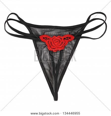 black thong with red rose embroidery. isolated on white background.