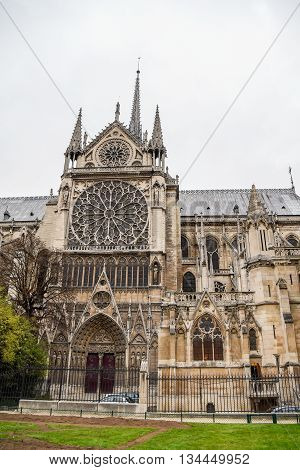 Notre Dame de Paris Cathedral near Seine River famous landmark of Paris France
