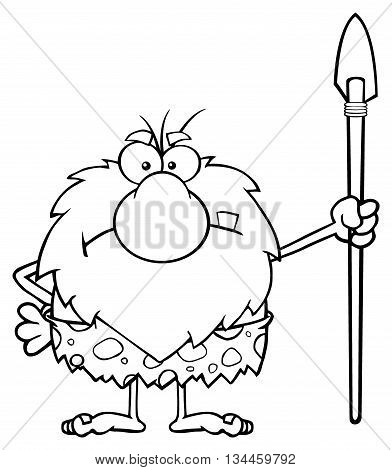 Black And White Angry Male Caveman Cartoon Mascot Character Standing With A Spear