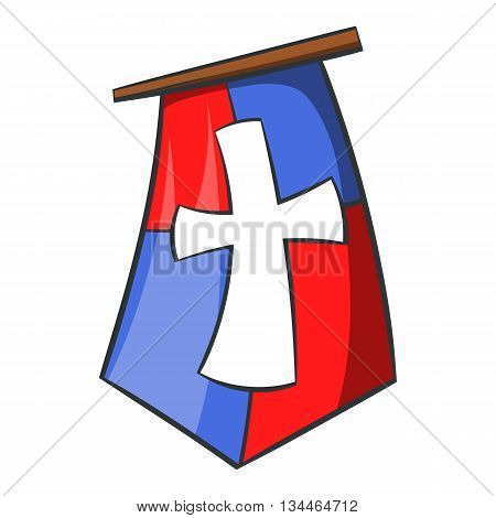 Red and blue medieval banner flag with cross icon in cartoon style on a white background