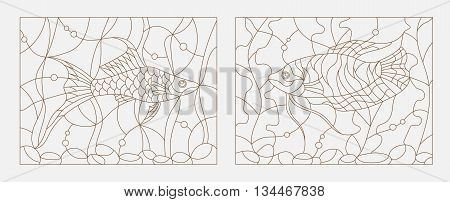 Set contour illustrations of stained glass with aquarium fish