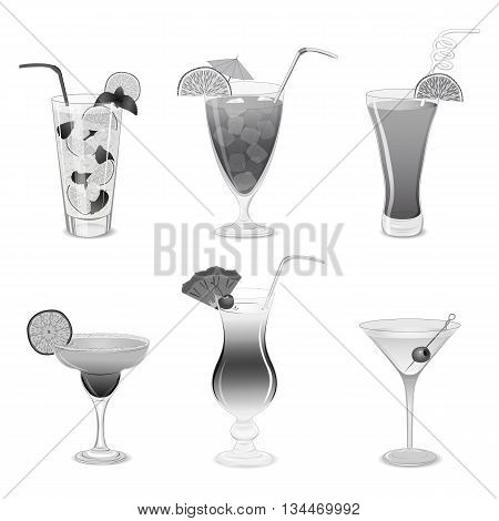 Set of grayscale cocktails isolated on white background