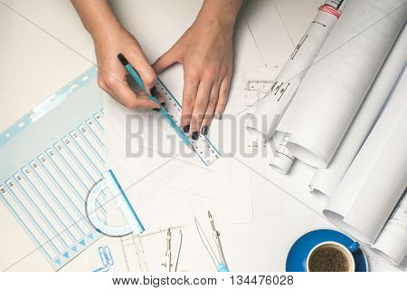 Workplace Of Architect - Architect Rolls And Plans. Architectural Plan,technical Project Drawing. En