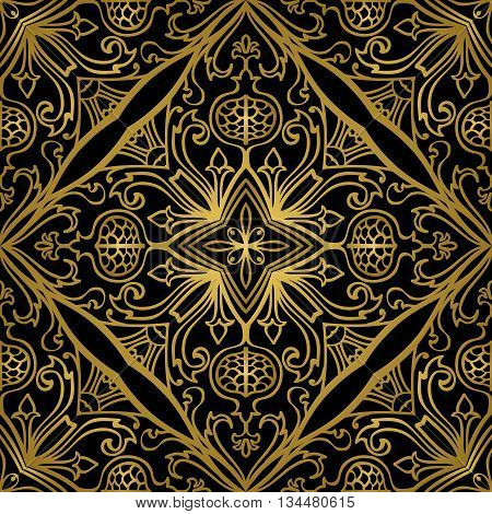 Vector gold ornament on a black background. Oriental floral pattern with pomegranates. Template for the carpet bedspreads mosaics shawls tiles wallpaper.