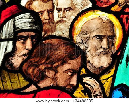 Triel sur Seine France - april 3 2016 : historical stained glass window in Saint Martin church