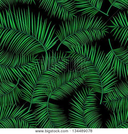 Retro vector illustration of exotic tropical seamless pattern with cartoon bright palm leaves isolated on black background. Trendy plant endless backdrop. Use for print web