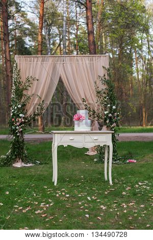Vintage wooden table with the wedding cake standing on a green lawn. Cake decorated with fresh peonies on the background of pine forest