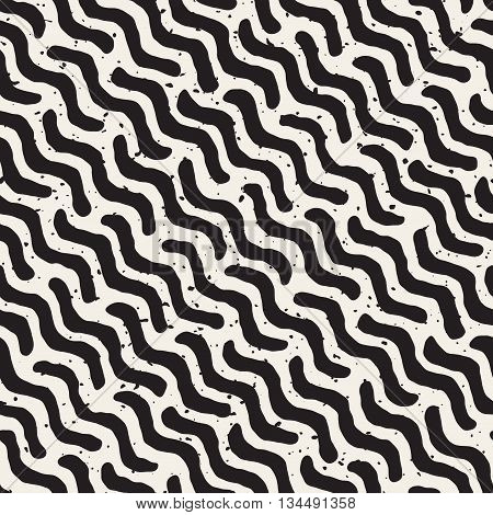 Vector Seamless Black And White Hand Drawn Daigonal Wavy Lines Grungy Pattern. Abstract Freehand Background Design