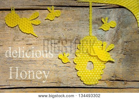Beeswax, Bees And A Beehive On Wooden Table, Delicious Honey