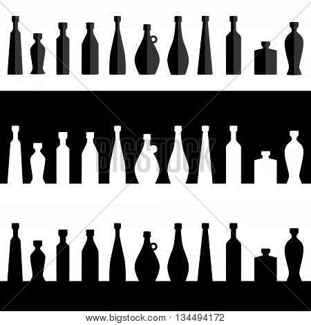 Vector. Bottle row silhouette. Set of bottles. Flat design. Isolated illustration. Range of different vessels bottles.