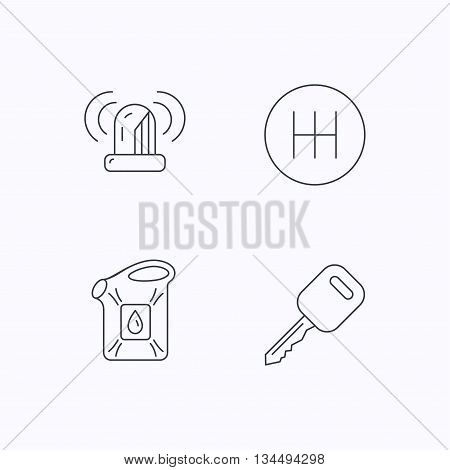 Manual gearbox, jerrycan and car key icons. Siren alarm, fuel jerrycan linear signs. Flat linear icons on white background. Vector