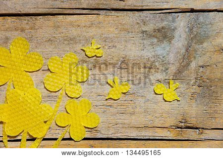 Beeswax, Flowers And Bees On Wooden Table, Copyspace