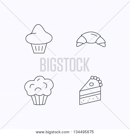 Croissant, brioche and piece of cake icons. Sweet muffin linear sign. Flat linear icons on white background. Vector