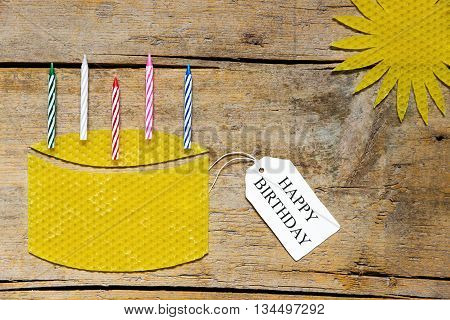 Beeswax, Cake With Candles And Sun On Wooden Table, Happy Birthday
