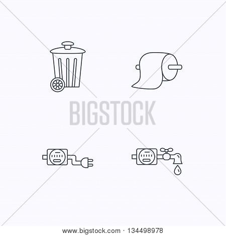 Trash bin, electricity and water counter icons. Toiler paper linear sign. Flat linear icons on white background. Vector