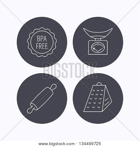 Kitchen scales, rolling pin and grater icons. BPA free linear sign. Flat icons in circle buttons on white background. Vector