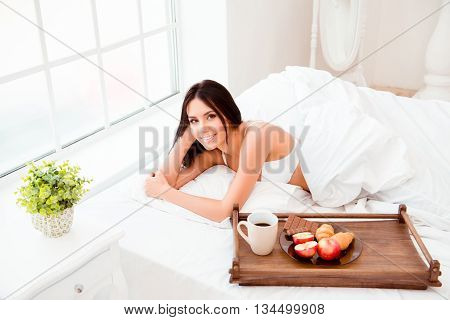 Cute Happy Sexy Girl Wake Up With Wooden Tray With Tasty Breackfast