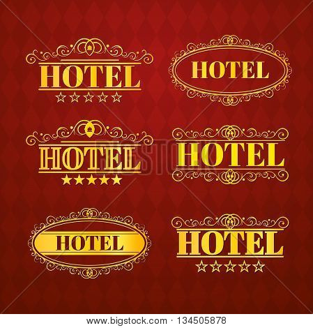 Hotel vintage golden labels, elegant luxury business logo, vector illustration