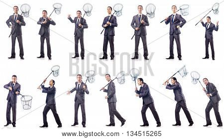 Colage of businessman with catching net on white