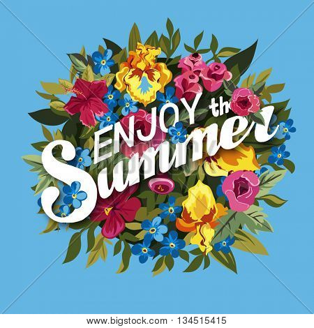 Floral Summer Graphic Design with Colorful Flowers for t-shirt, fashion, prints. Floral Bouquet with summer lettering. Vector illustration. Isolated on blue background.