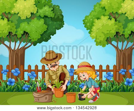 Girl and grandfather planting in the garden illustration