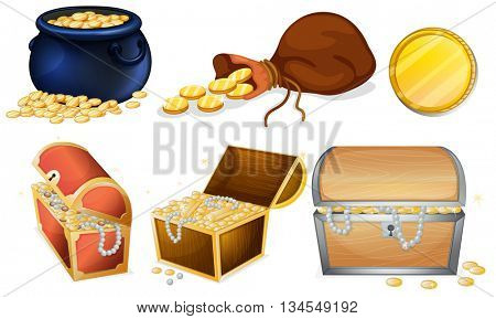 Different chests and pot of gold illustration