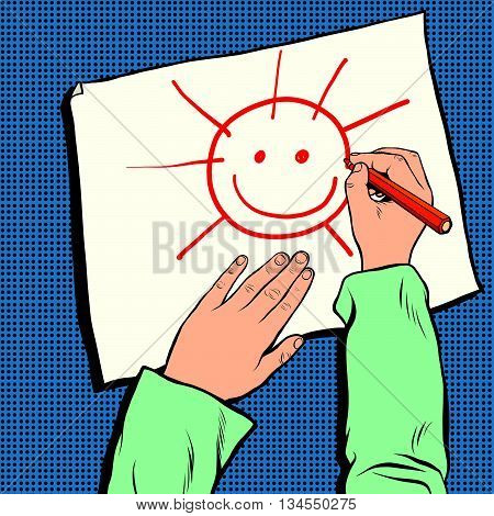 mock up top view of workplace designer pop art retro vector. A child draws the sun