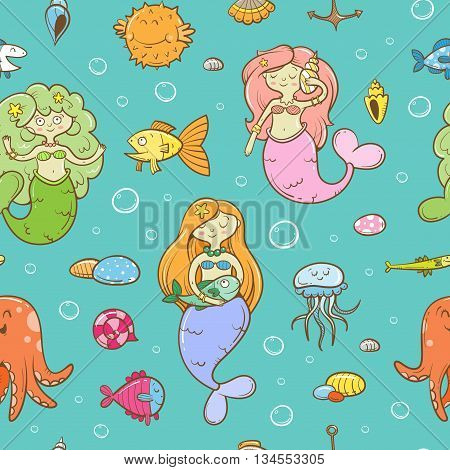 Seamless  pattern with cute cartoon mermaids,  octopus, jellyfish, fish and seashells  on blue  background. Underwater life. Children's illustration. Vector image.