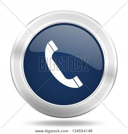phone icon, dark blue round metallic internet button, web and mobile app illustration