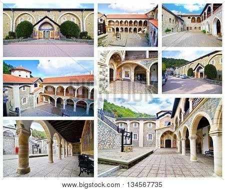 WEST PEDOULA CYPRUS, DECEMBER 05 2016: collage of the Orthodox monastery of Kykkos, Holy monastery of the Virgin of Kykkos in Cyprus. Byzantine architecture. Editorial use.