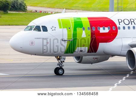 BERLIN / GERMANY - JUNE 4 2016: Airbus A 319 - 111 from TAP Portugal on airport schoenefeld berlin / germany at june 4 2016