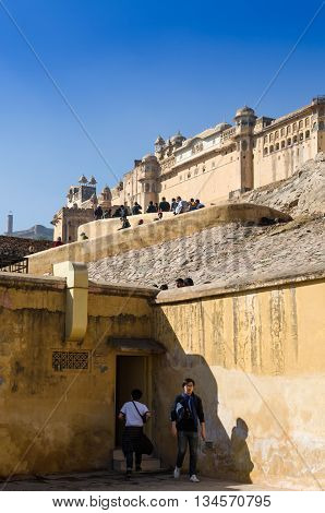Jaipur India - December 29 2014: Tourist visit Amber Fort in Jaipur Rajasthan India on December29 2014. The Fort was built by Raja Man Singh I.