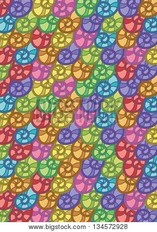 Repeated patterns of multicolor spiral sea shells for abstract vector background design.