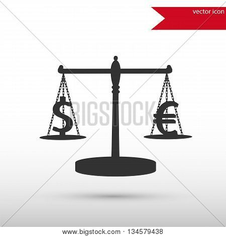 Scales with signs of euro and dollar. Black icon vector and jpg. Flat style object. Art picture drawing. Eps 10. Elements for your design. Web icons.