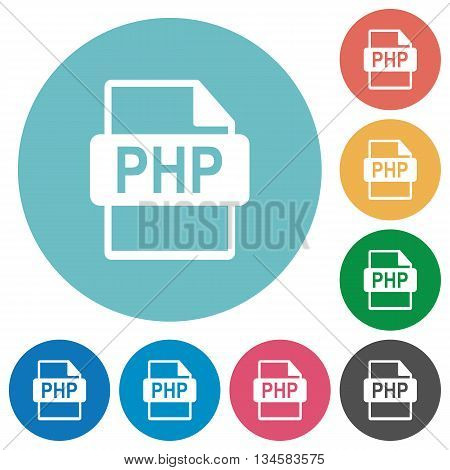 Flat PHP file format icon set on round color background.