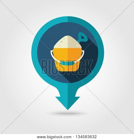 Sand Bucket and shovel vector pin map flat icon with long shadow. Beach Map pointer. Summer Map markers. Holiday. Summertime. Vacation eps 10