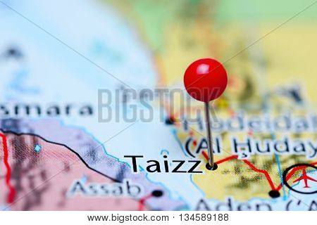 Taizz pinned on a map of Yemen