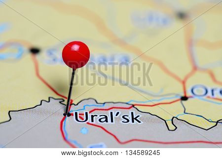 Uralsk pinned on a map of Kazakhstan