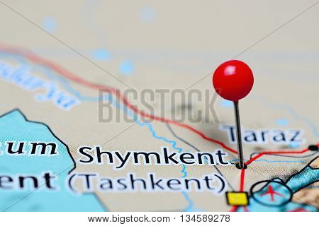 Shymkent pinned on a map of Kazakhstan
