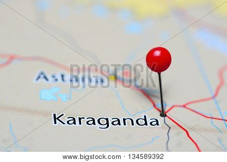 Karaganda pinned on a map of Kazakhstan