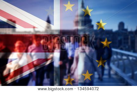 United Kingdom and European union flags combined for the 2016 referendum - crowd of people walking on Millenium Bridge and St Paul's Cathedral in the bckground