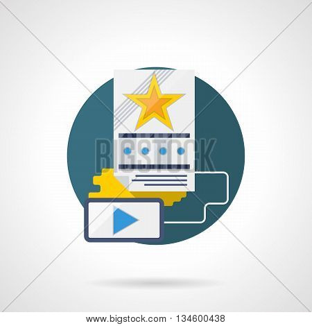 Video and films on mobile devices. Smart phone and movie poster or trailer with yellow star and film strip. Cinema modern technology. Round flat color style vector icon. Web design element