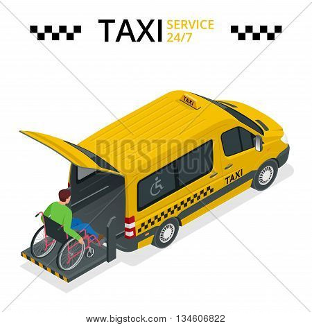 Minibus for physically disabled people. Taxi or car for man on wheelchair. Vehicle with a lift. Flat 3d vector isometric illustration