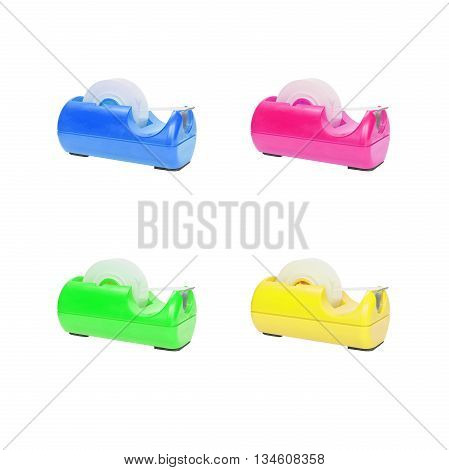 Closeup color adhesive tape cutter office Equipment isolated on white background